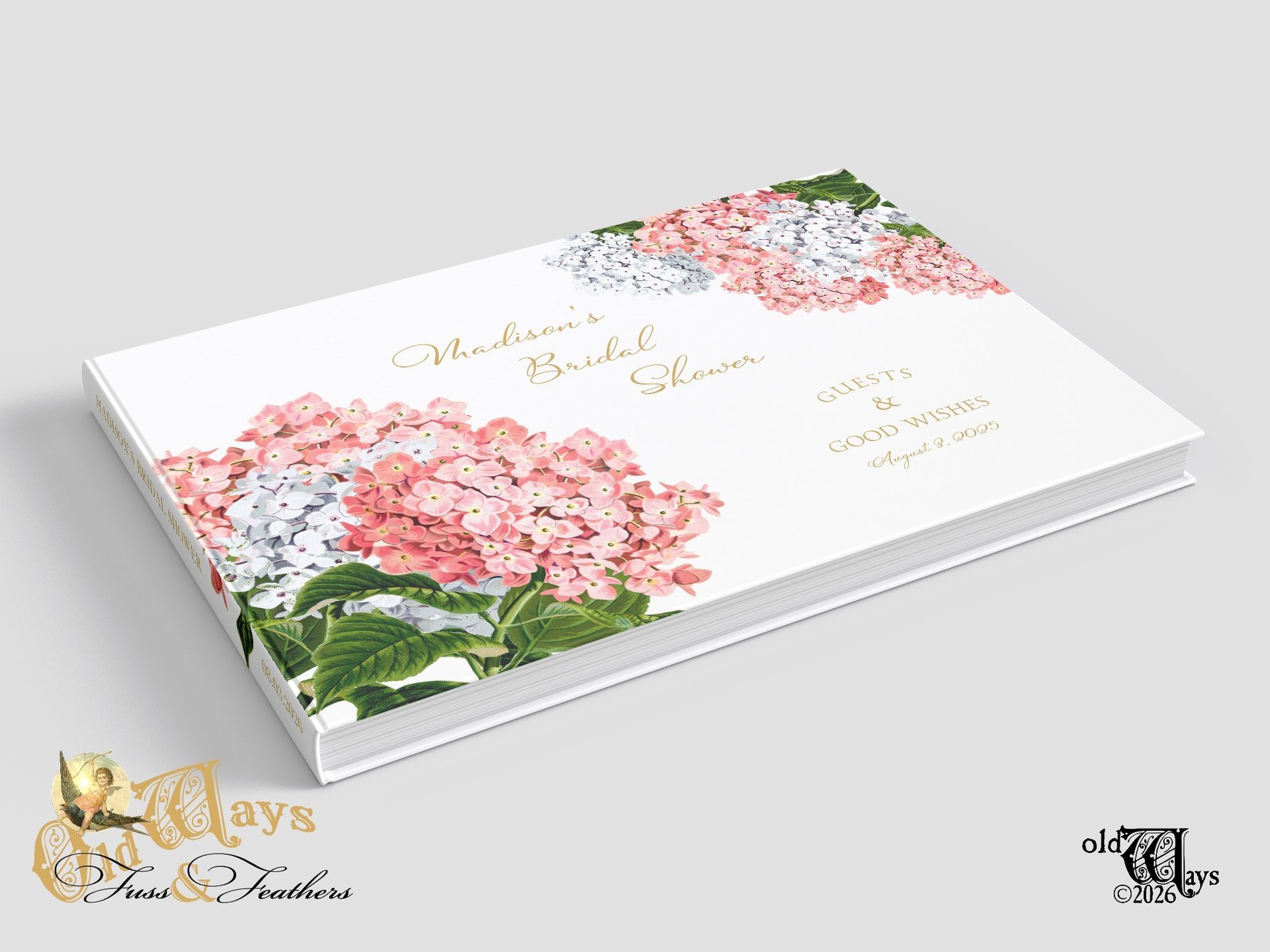 Custom Pink Hydrangea Bridal Shower Guest Book - Messages, Advice, Addresses, Gifts
