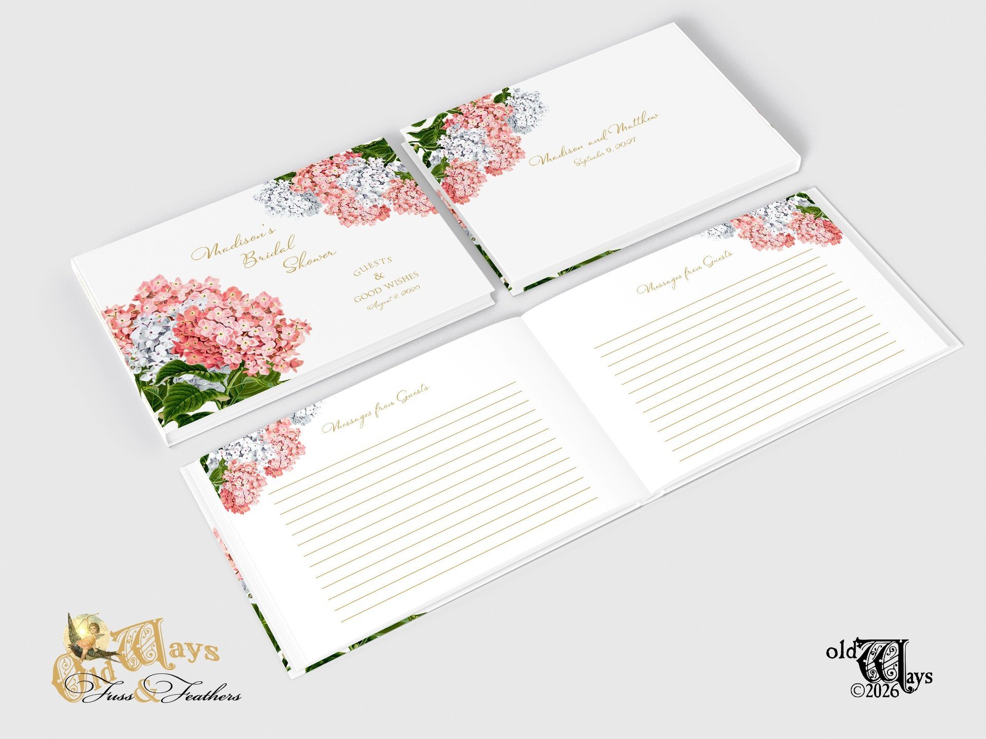 Custom Pink Hydrangea Bridal Shower Guest Book - Messages, Advice, Addresses, Gifts