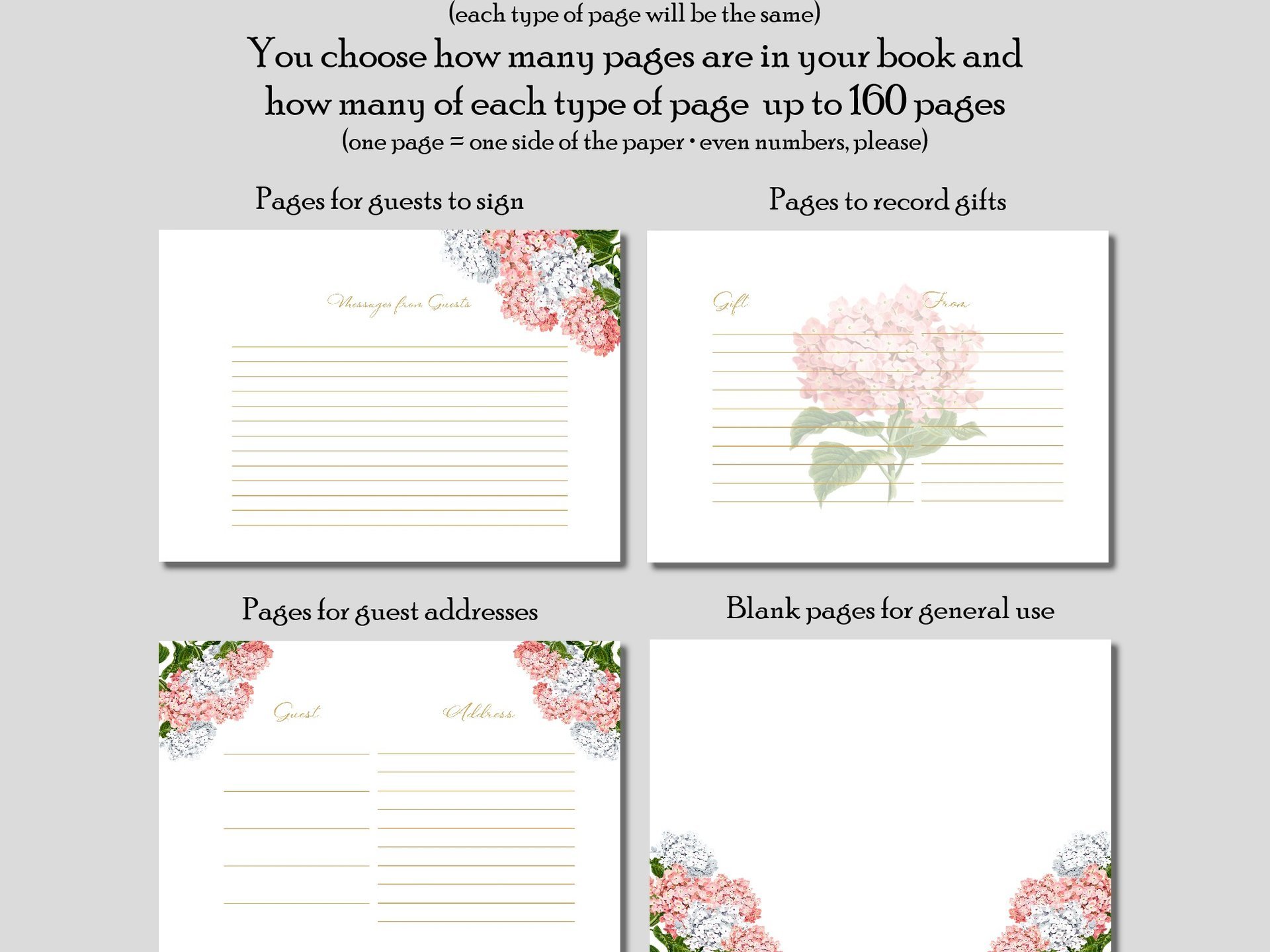 Custom Pink Hydrangea Bridal Shower Guest Book - Messages, Advice, Addresses, Gifts