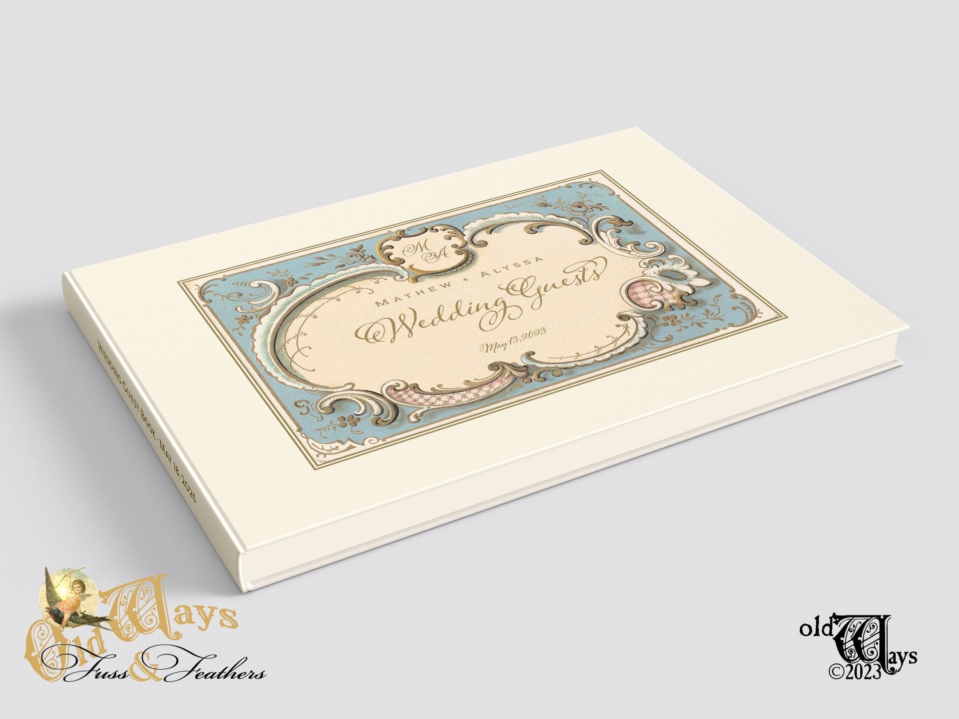 Personalized Wedding Guest Book - Vintage Blue & Ivory - Victorian Antique Design with Custom Pages