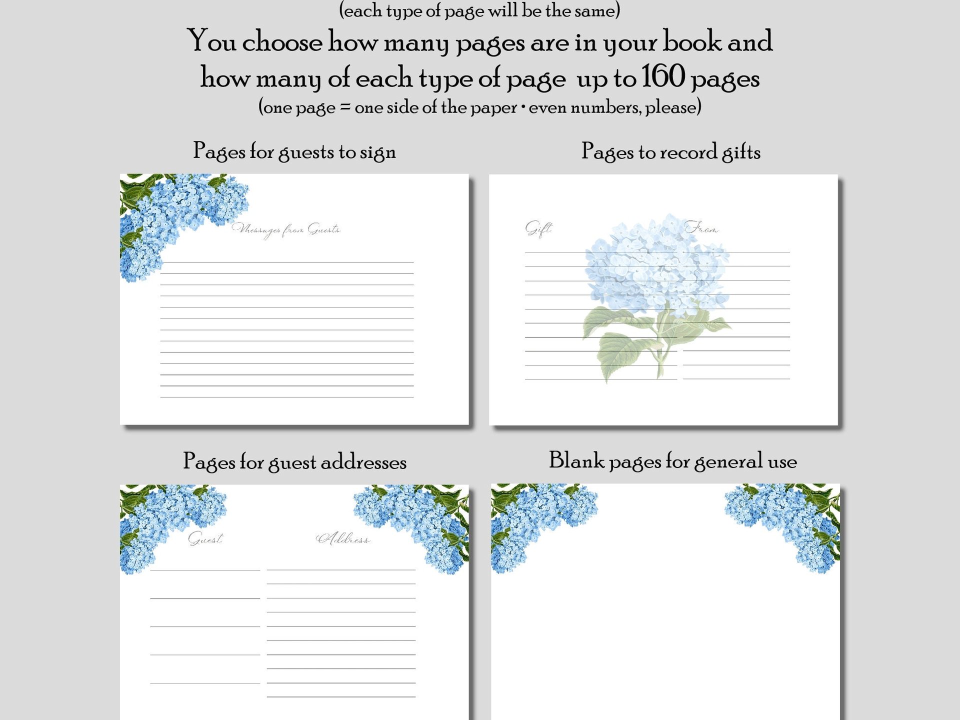 Custom Blue Hydrangea Bridal Shower Guest Book - Messages, Advice, Addresses, Gifts