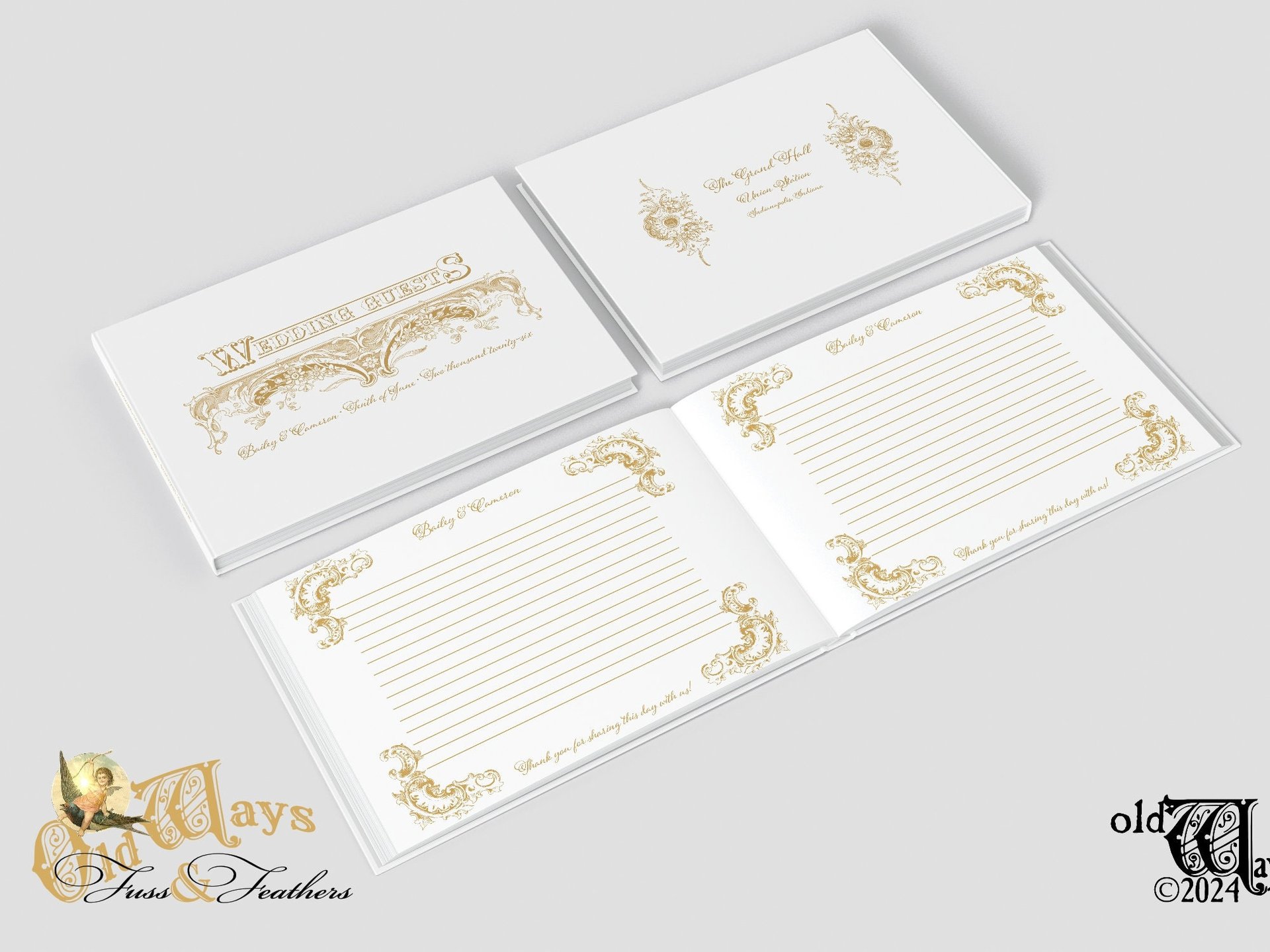 Custom Page Wedding Guest Book - Antique Style, Personalized Keepsake - White & Gold