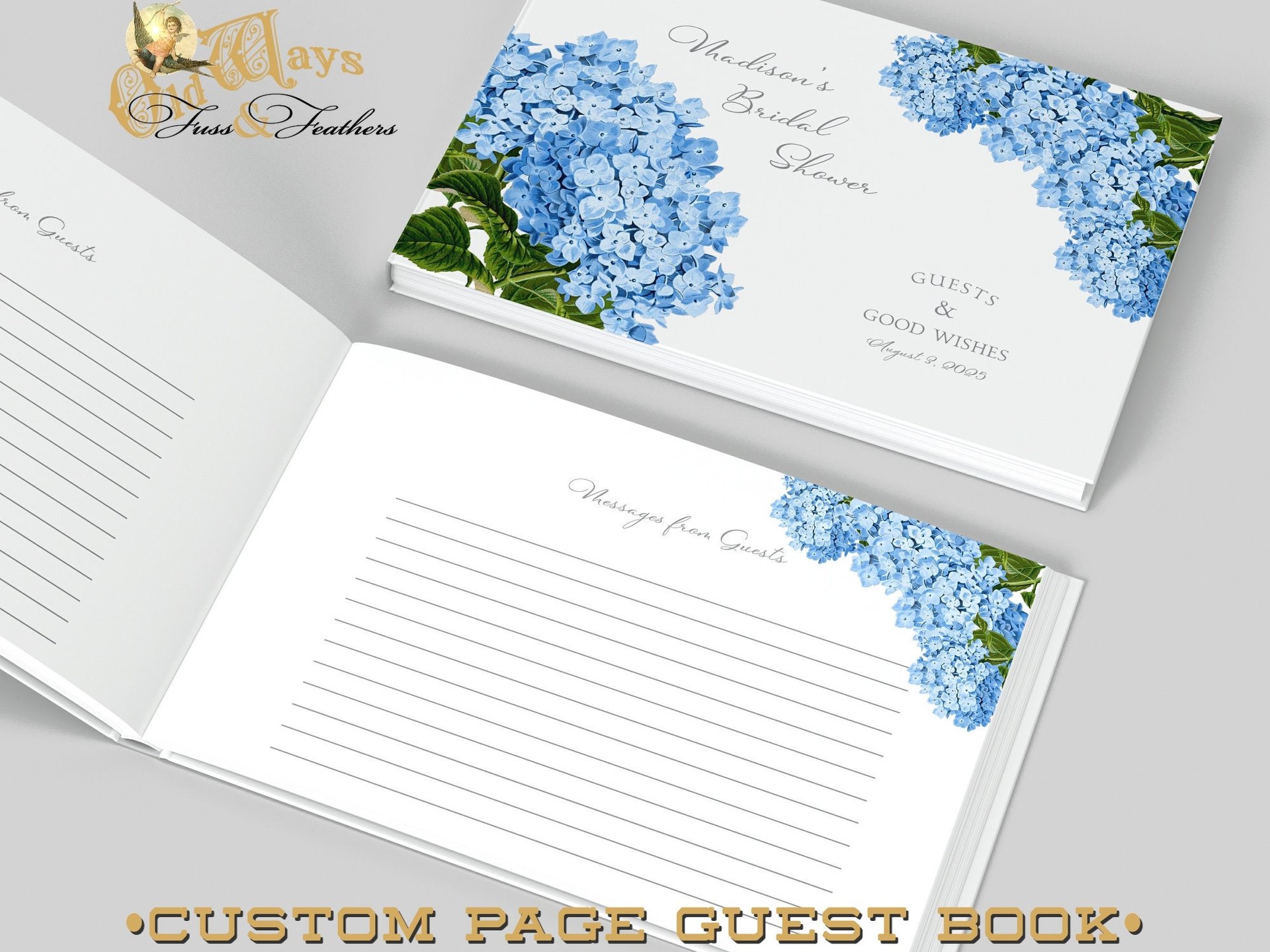 Custom Blue Hydrangea Bridal Shower Guest Book - Messages, Advice, Addresses, Gifts