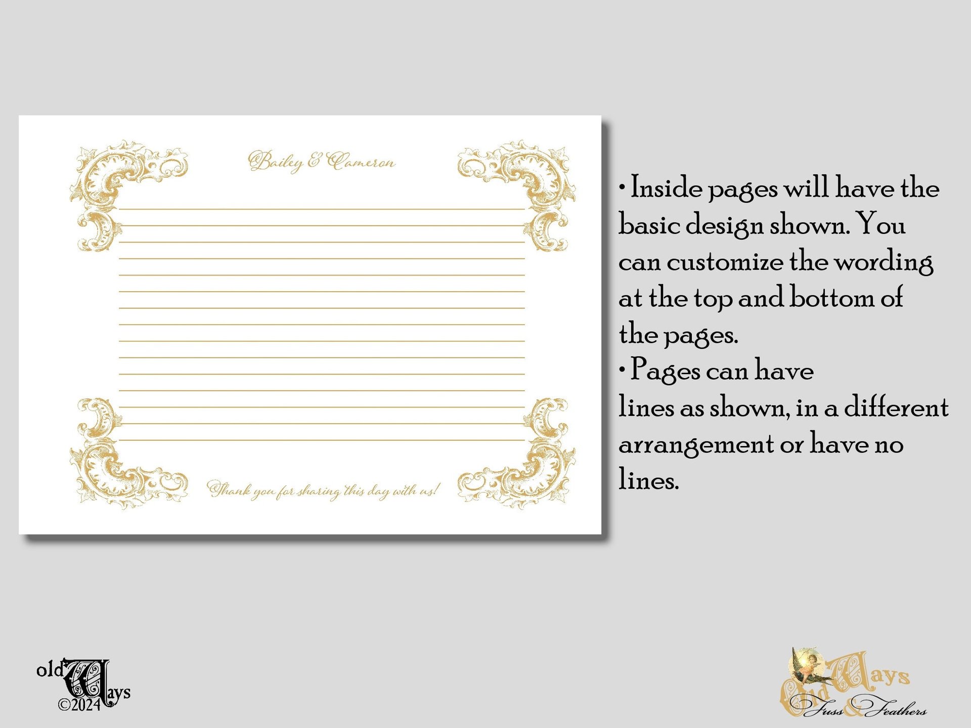 Custom Page Wedding Guest Book - Antique Style, Personalized Keepsake - White & Gold