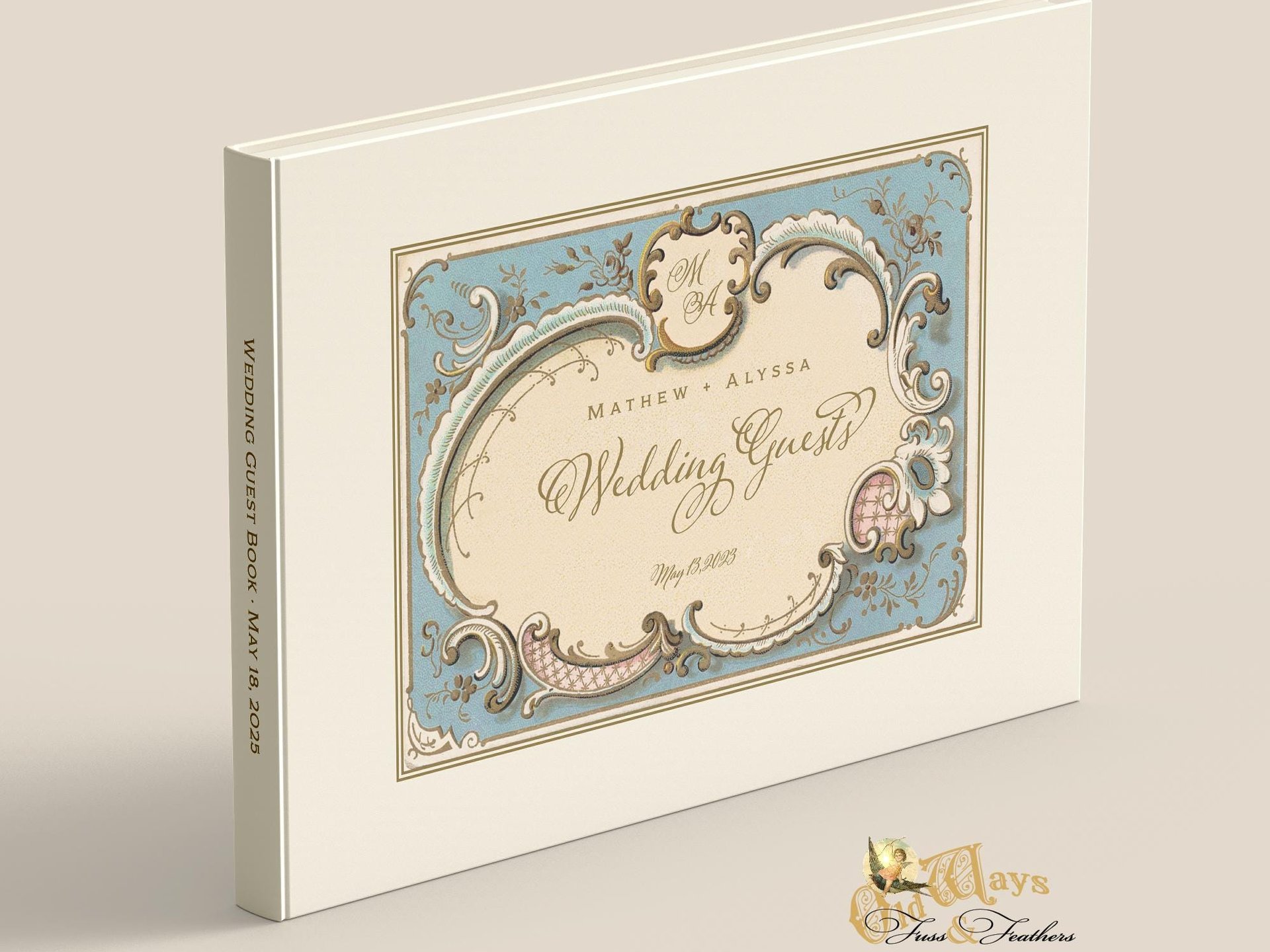 Personalized Wedding Guest Book - Vintage Blue & Ivory - Victorian Antique Design with Custom Pages