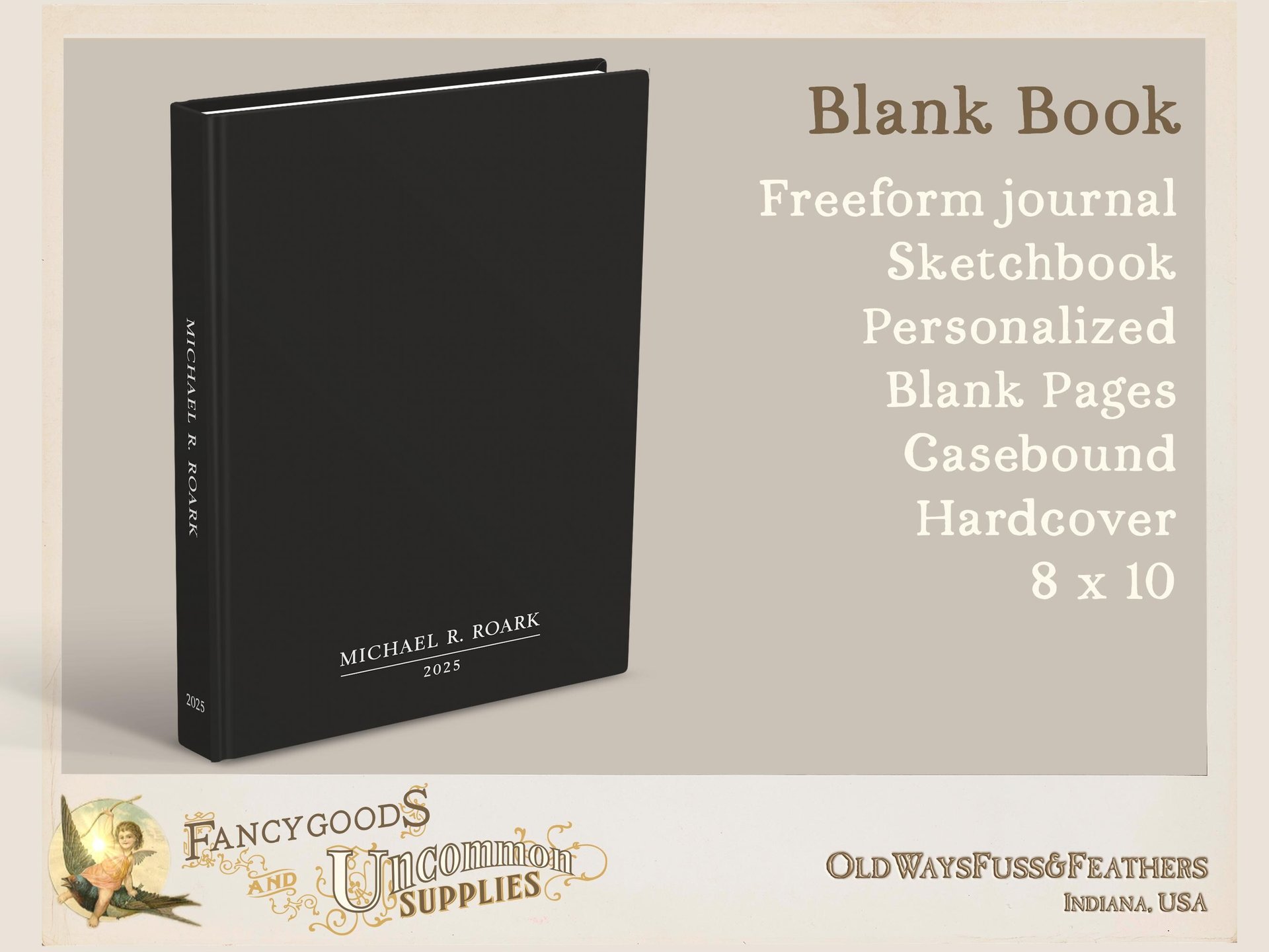 Classic Men's Blank Page Book in Black  - Personalized Freeform Journal or Sketchbook