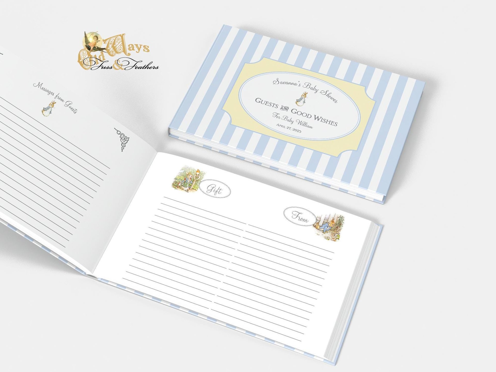 Peter Rabbit Custom Baby Shower Guest Book - Personalized Pages for Guest Messages, Gift List