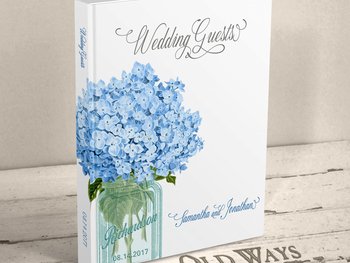 Mason Jar Wedding Guest Book - Blue Hydrangea Flowers - Personalized Hardcover Book
