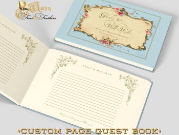 Light Blue Custom Wedding Guest Book - Antique Style Traditional Book with Personalized Pages